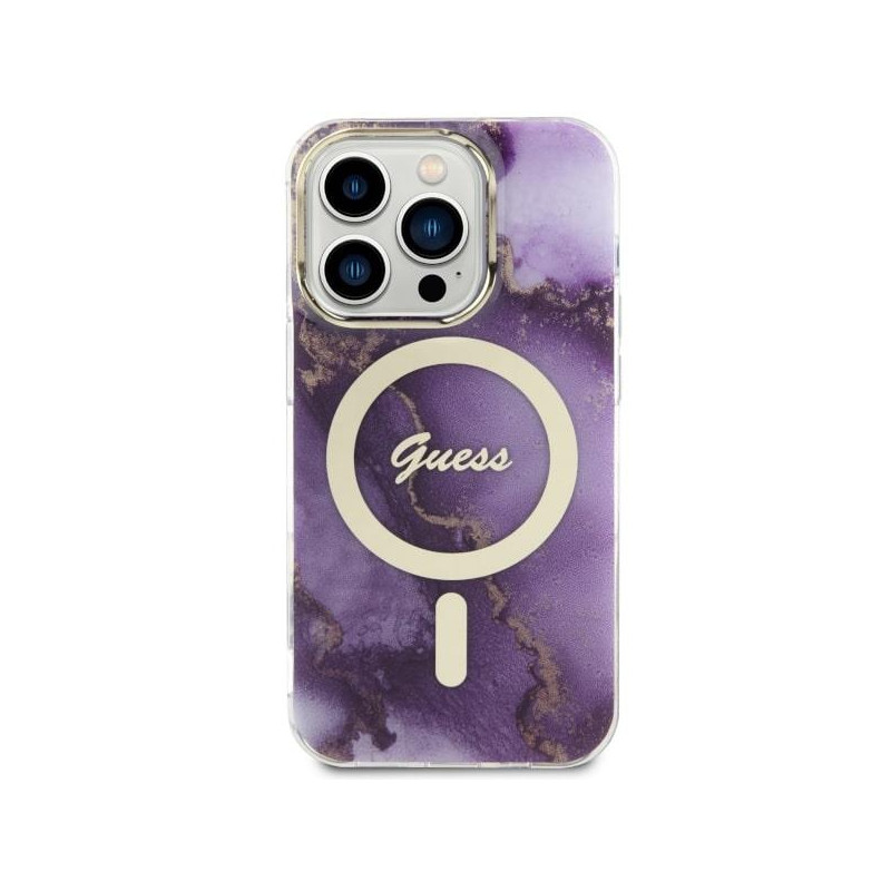 Guess Golden Marble MagSafe dėklas, skirtas iPhone 14 Pro Max - violetinė