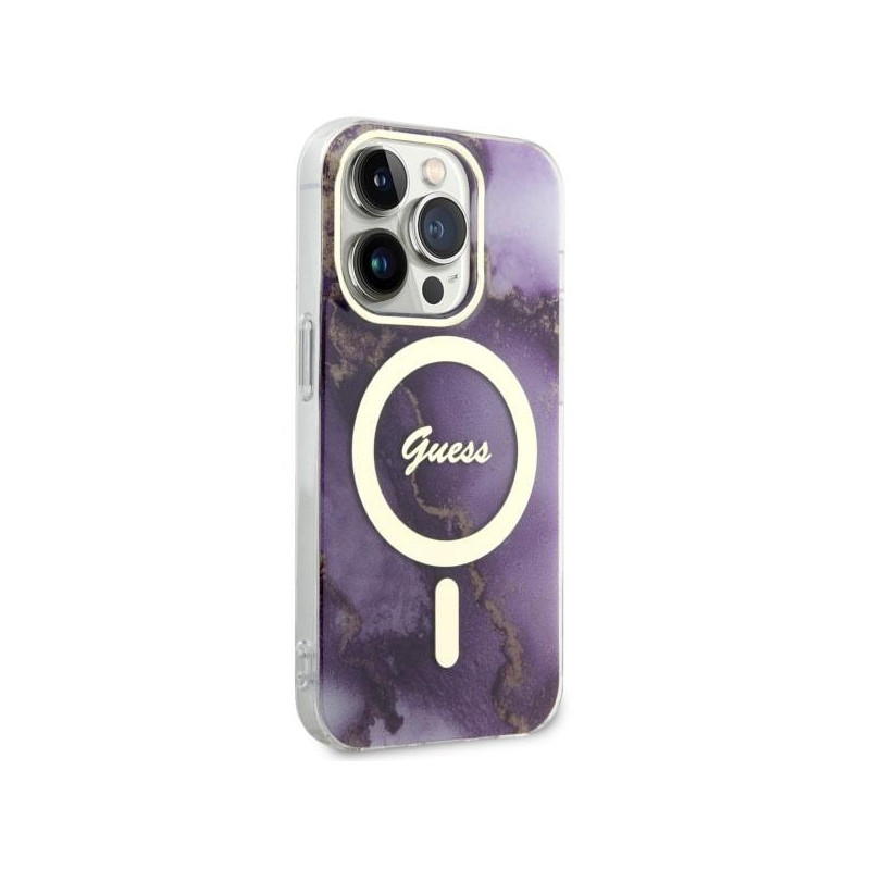 Guess Golden Marble MagSafe dėklas, skirtas iPhone 14 Pro Max - violetinė