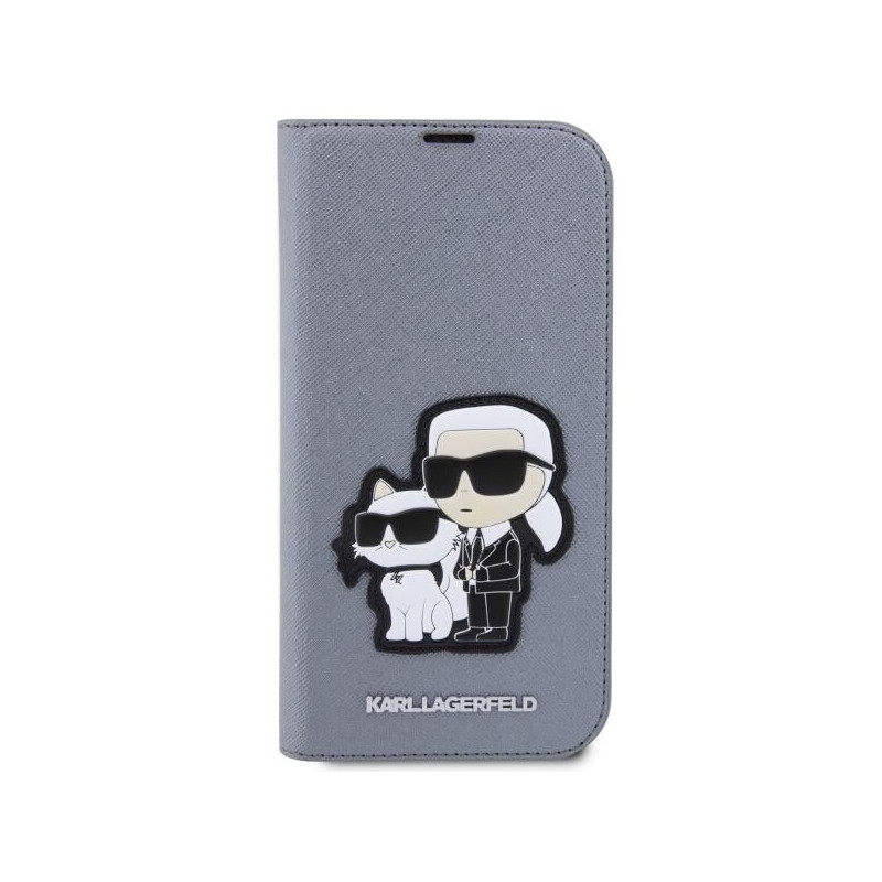 Karl Lagerfeld Saffiano Karl&Choupette dėklas iPhone 14 Pro - sidabrinis