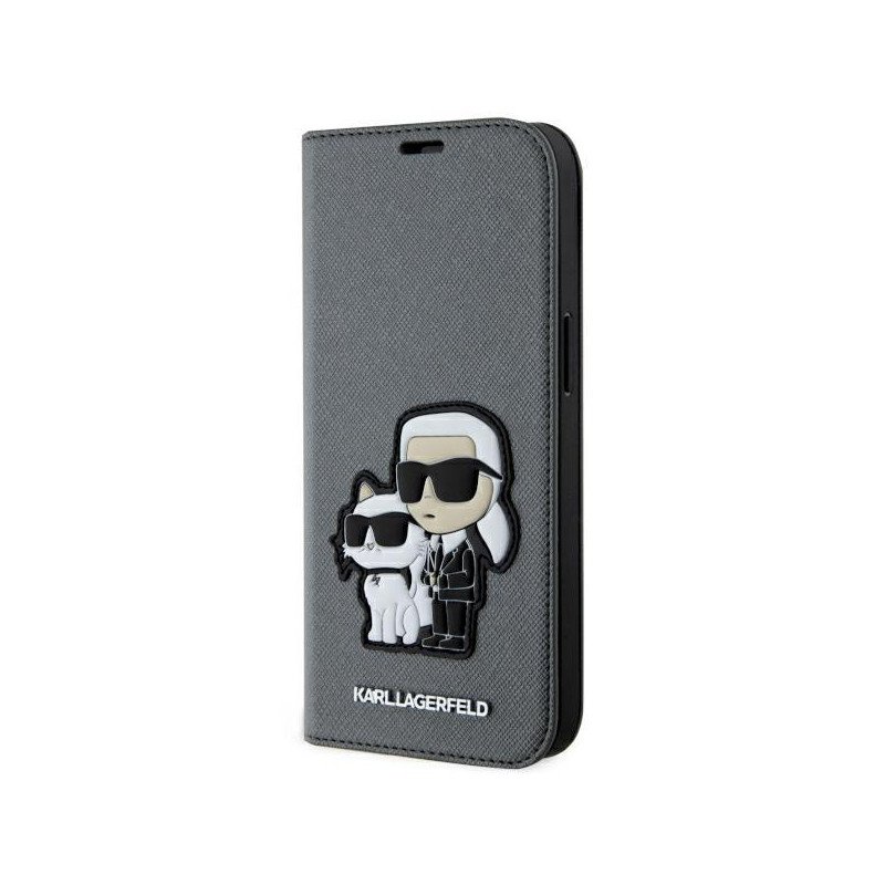 Karl Lagerfeld Saffiano Karl&Choupette dėklas iPhone 14 - sidabrinis