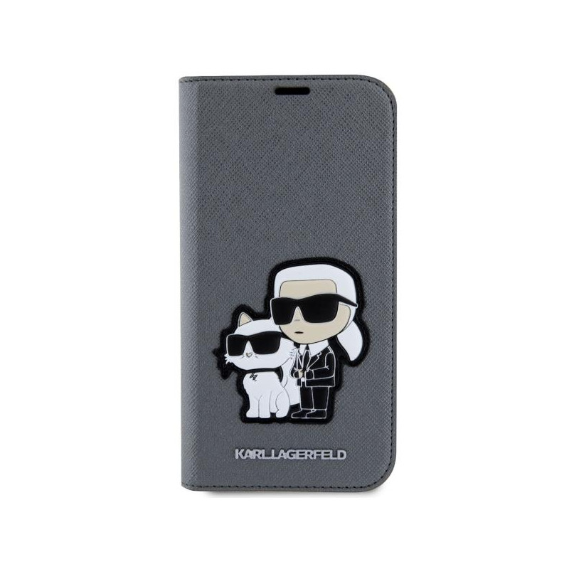 Karl Lagerfeld Saffiano Karl&Choupette dėklas iPhone 14 - sidabrinis