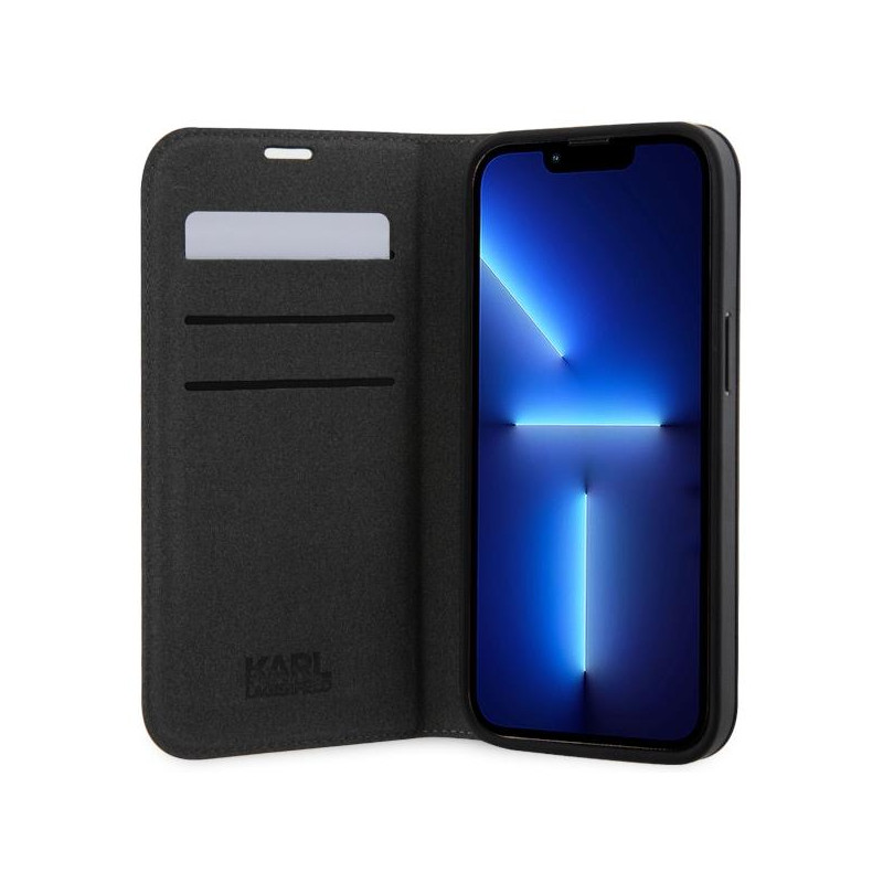 Karl Lagerfeld Saffiano Karl&Choupette dėklas iPhone 14 - sidabrinis