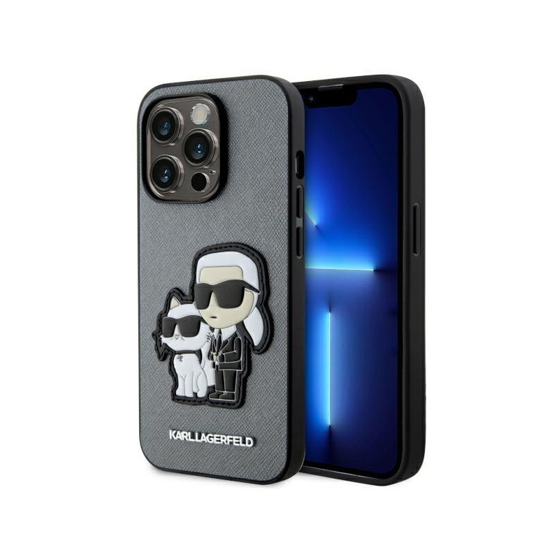 Karl Lagerfeld Saffiano Karl&Choupette dėklas iPhone 14 Pro - sidabrinis