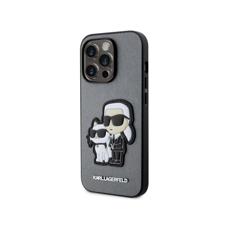 Karl Lagerfeld Saffiano Karl&Choupette dėklas iPhone 14 Pro - sidabrinis