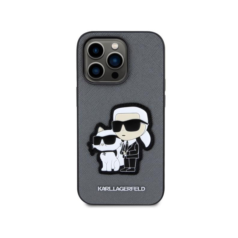 Karl Lagerfeld Saffiano Karl&Choupette dėklas iPhone 14 Pro - sidabrinis