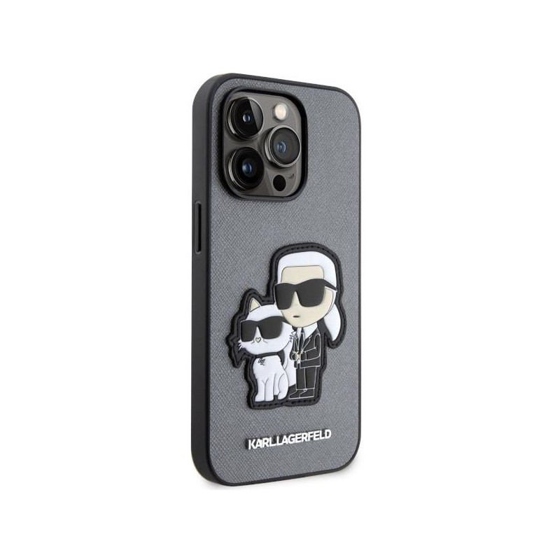 Karl Lagerfeld Saffiano Karl&Choupette dėklas iPhone 14 Pro - sidabrinis