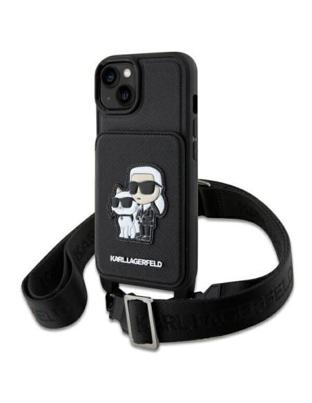 Karl Lagerfeld Crossbody Saffiano Karl&Choupette dėklas iPhone 14 - juodas Karl Lagerfeld Crossbody Saffiano Karl&Choupette dėklas iPhone 14 - juodas