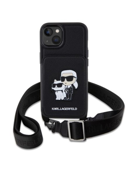 Karl Lagerfeld Crossbody Saffiano Karl&Choupette dėklas iPhone 14 - juodas Karl Lagerfeld Crossbody Saffiano Karl&Choupette dėklas iPhone 14 - juodas