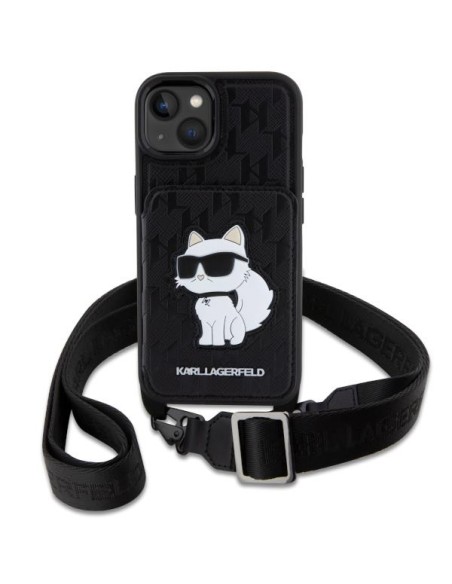Karl Lagerfeld Crossbody Saffiano Monogram Choupette dėklas iPhone 14 - juodas Karl Lagerfeld Crossbody Saffiano Monogram Choupette dėklas iPhone 14 - juodas