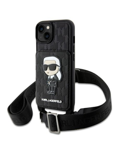 Karl Lagerfeld Crossbody Saffiano Monogram Ikonik dėklas iPhone 14 - juodas Karl Lagerfeld Crossbody Saffiano Monogram Ikonik dėklas iPhone 14 - juodas