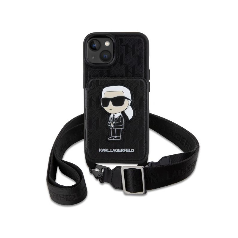 Karl Lagerfeld Crossbody Saffiano Monogram Ikonik dėklas iPhone 14 - juodas