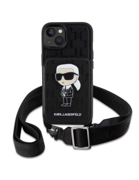 Karl Lagerfeld Crossbody Saffiano Monogram Ikonik dėklas iPhone 14 - juodas Karl Lagerfeld Crossbody Saffiano Monogram Ikonik dėklas iPhone 14 - juodas