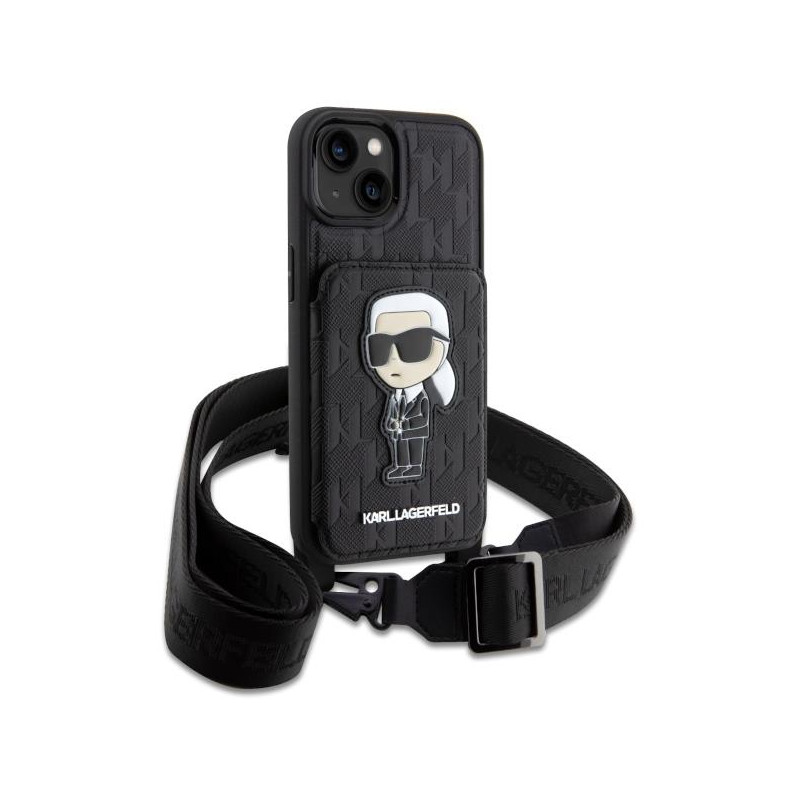 Karl Lagerfeld Crossbody Saffiano Monogram Ikonik dėklas iPhone 14 - juodas