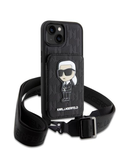 Karl Lagerfeld Crossbody Saffiano Monogram Ikonik dėklas iPhone 14 - juodas Karl Lagerfeld Crossbody Saffiano Monogram Ikonik dėklas iPhone 14 - juodas