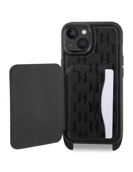 Karl Lagerfeld Crossbody Saffiano Monogram Ikonik dėklas iPhone 14 - juodas Karl Lagerfeld Crossbody Saffiano Monogram Ikonik dėklas iPhone 14 - juodas