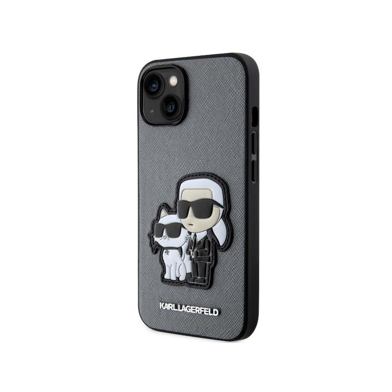 Karl Lagerfeld Saffiano Karl&Choupette dėklas iPhone 14 - sidabrinis