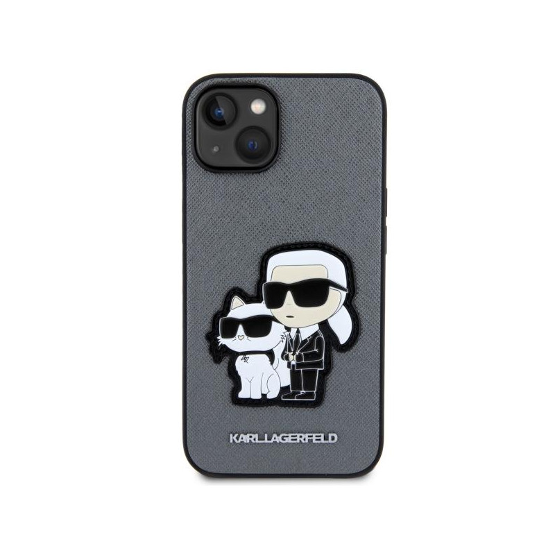 Karl Lagerfeld Saffiano Karl&Choupette dėklas iPhone 14 - sidabrinis
