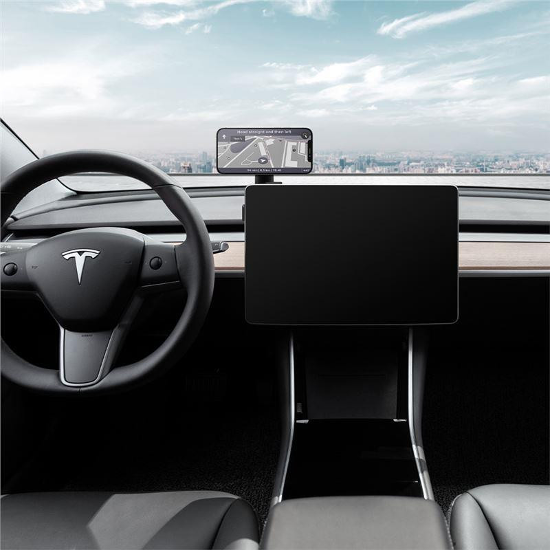 Spigen OneTap ITT90W automobilinis laikiklis su MagSafe įkrovikliu, skirtas Tesla Model 3/ Y/ X/ S – juodas