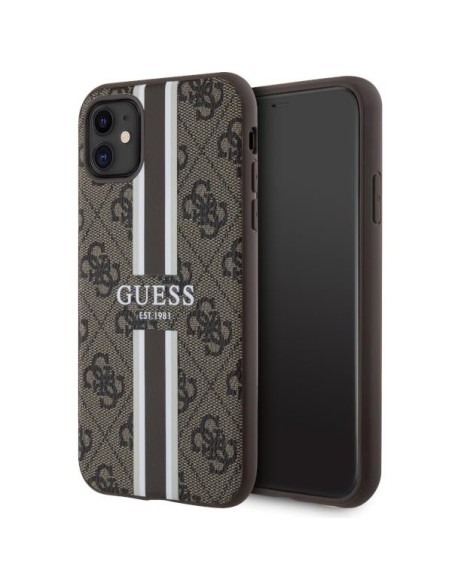 Guess 4G Printed Stripes MagSafe dėklas iPhone 11 / Xr - rudas Guess 4G Printed Stripes MagSafe dėklas iPhone 11 / Xr - rudas