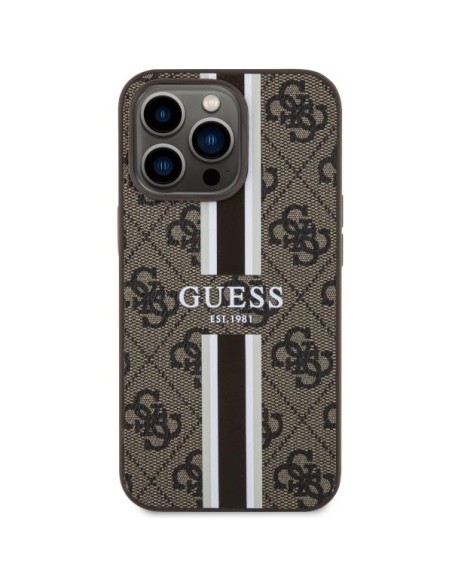 Guess 4G Printed Stripes MagSafe dėklas, skirtas iPhone 13 Pro / iPhone 13 – rudas Guess 4G Printed Stripes MagSafe dėklas, skirtas iPhone 13 Pro / iPhone 13 – rudas