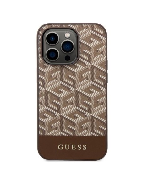 Guess GCube Stripes MagSafe dėklas iPhone 14 Pro - rudas Guess GCube Stripes MagSafe dėklas iPhone 14 Pro - rudas
