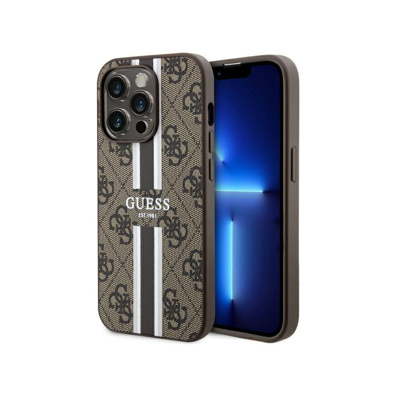 Guess 4G Printed Stripes MagSafe dėklas iPhone 14 Pro - rudas
