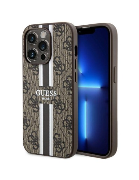 Guess 4G Printed Stripes MagSafe dėklas iPhone 14 Pro - rudas Guess 4G Printed Stripes MagSafe dėklas iPhone 14 Pro - rudas