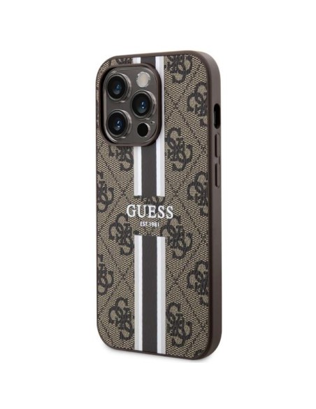 Guess 4G Printed Stripes MagSafe dėklas iPhone 14 Pro - rudas Guess 4G Printed Stripes MagSafe dėklas iPhone 14 Pro - rudas