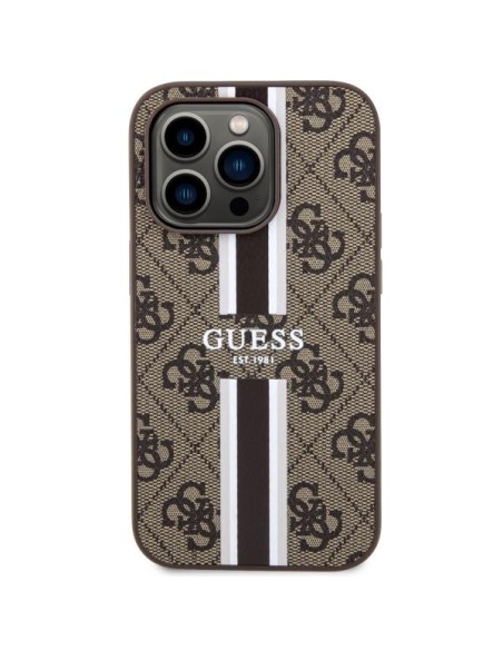 Guess 4G Printed Stripes MagSafe dėklas iPhone 14 Pro - rudas Guess 4G Printed Stripes MagSafe dėklas iPhone 14 Pro - rudas