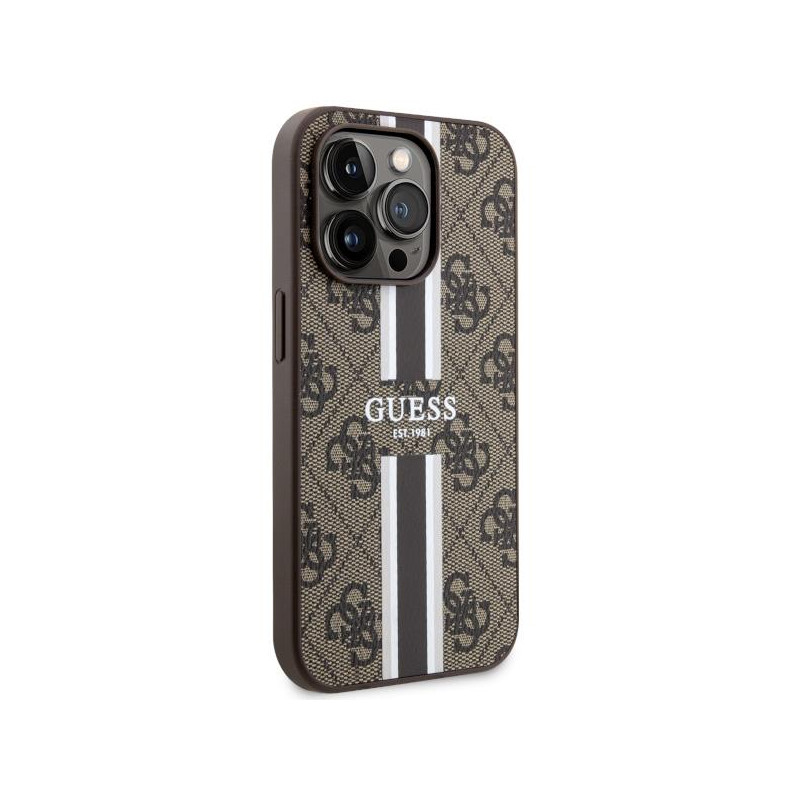 Guess 4G Printed Stripes MagSafe dėklas iPhone 14 Pro - rudas
