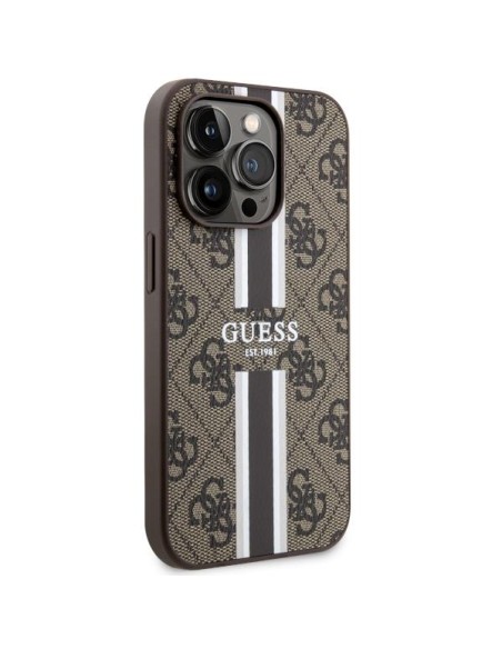 Guess 4G Printed Stripes MagSafe dėklas iPhone 14 Pro - rudas Guess 4G Printed Stripes MagSafe dėklas iPhone 14 Pro - rudas