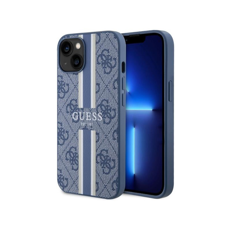 Guess 4G Printed Stripes MagSafe dėklas iPhone 14 Plus - mėlynas