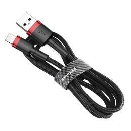Patvarus lankstus kabelis USB laidas iPhone Lightning QC3.0 2.4A 0.5M juoda ir raudona