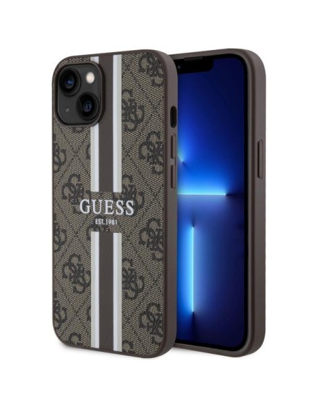 Guess 4G Printed Stripes MagSafe dėklas iPhone 14 - rudas Guess 4G Printed Stripes MagSafe dėklas iPhone 14 - rudas