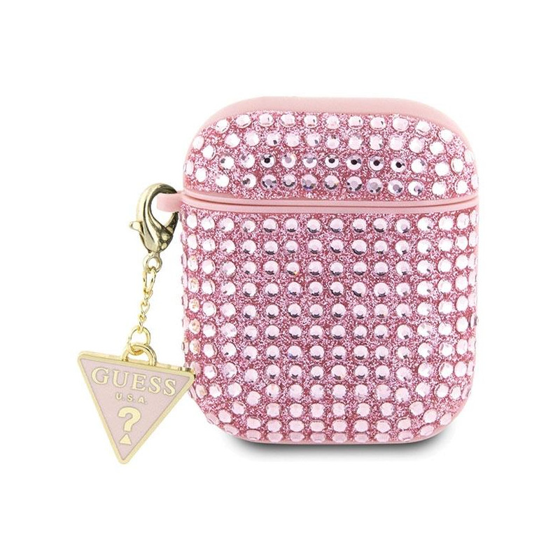 Guess Rhinestone Triangle Charm dėklas, skirtas AirPods 1/ 2 – rožinis Guess Rhinestone Triangle Charm dėklas, skirtas AirPods 1/ 2 – rožinis