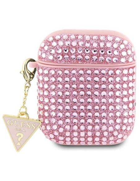 Guess Rhinestone Triangle Charm dėklas, skirtas AirPods 1/ 2 – rožinis Guess Rhinestone Triangle Charm dėklas, skirtas AirPods 1/ 2 – rožinis