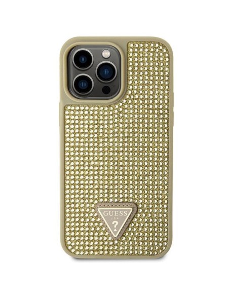 Guess Rhinestone Triangle dėklas, skirtas iPhone 14 Pro Max - auksinis Guess Rhinestone Triangle dėklas, skirtas iPhone 14 Pro Max - auksinis