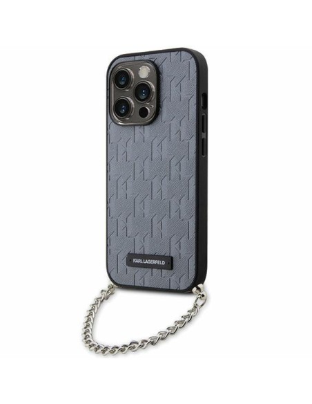 Karl Lagerfeld Saffiano Monogram Chain dėklas iPhone 14 Pro - sidabras Karl Lagerfeld Saffiano Monogram Chain dėklas iPhone 14 Pro - sidabras