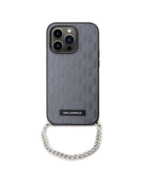 Karl Lagerfeld Saffiano Monogram Chain dėklas iPhone 14 Pro - sidabras Karl Lagerfeld Saffiano Monogram Chain dėklas iPhone 14 Pro - sidabras