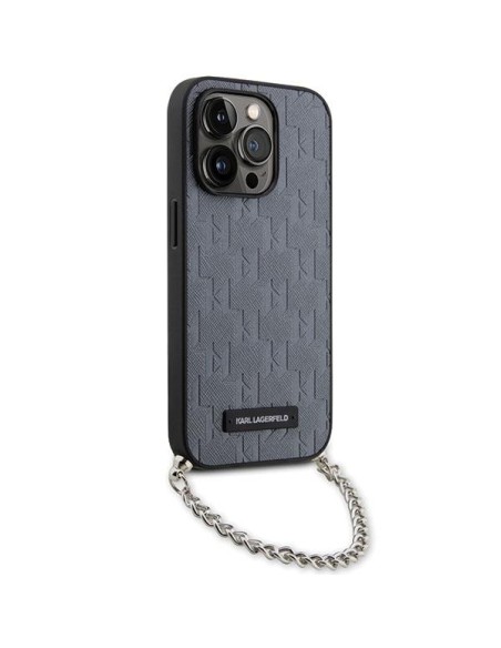 Karl Lagerfeld Saffiano Monogram Chain dėklas iPhone 14 Pro - sidabras Karl Lagerfeld Saffiano Monogram Chain dėklas iPhone 14 Pro - sidabras