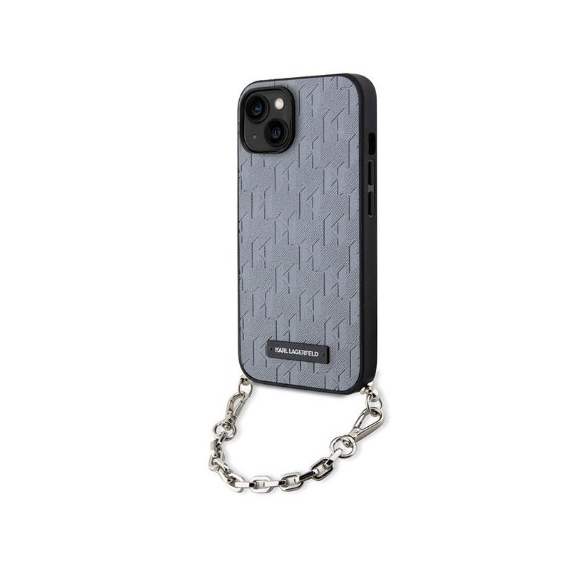 Karl Lagerfeld Saffiano Monogram Chain dėklas iPhone 14 - sidabrinis Karl Lagerfeld Saffiano Monogram Chain dėklas iPhone 14 - sidabrinis