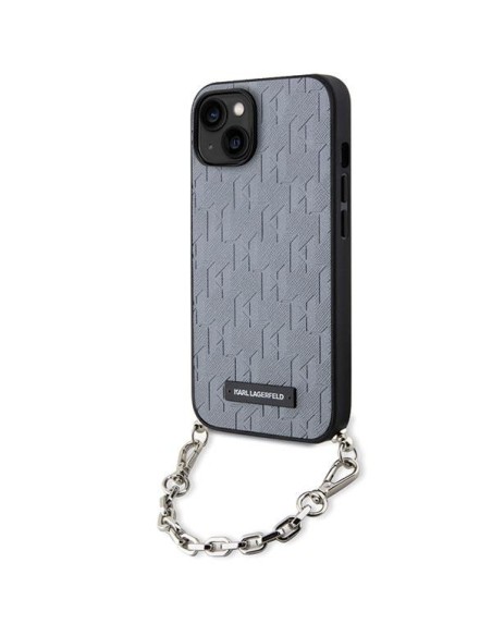Karl Lagerfeld Saffiano Monogram Chain dėklas iPhone 14 - sidabrinis Karl Lagerfeld Saffiano Monogram Chain dėklas iPhone 14 - sidabrinis