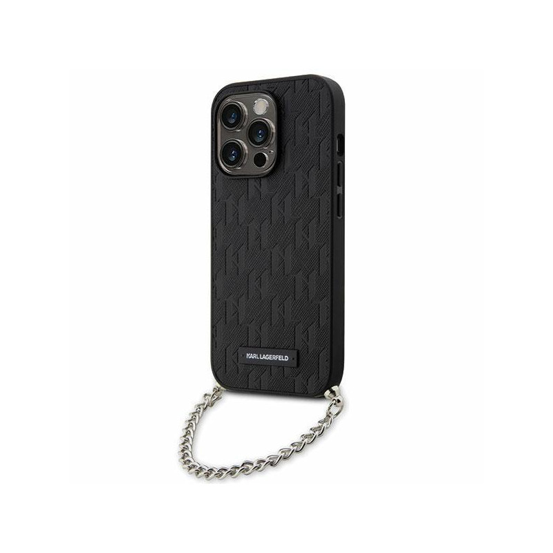 Karl Lagerfeld Saffiano Monogram Chain dėklas iPhone 14 Pro Max - juodas Karl Lagerfeld Saffiano Monogram Chain dėklas iPhone 14 Pro Max - juodas