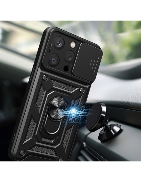 Šarvuotas dėklas su stovu ir kameros dangteliu iPhone 15 Pro Max Hybrid Armor Camshield - rožinis