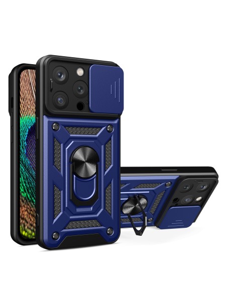 Šarvuotas dėklas su stovu ir kameros dangteliu iPhone 15 Pro Max Hybrid Armor Camshield - mėlynas Šarvuotas dėklas su stovu ir kameros dangteliu iPhone 15 Pro Max Hybrid Armor Camshield - mėlynas