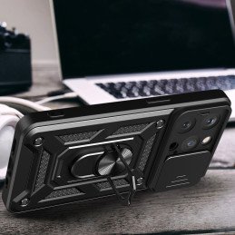 Šarvuotas dėklas su stovu ir kameros dangteliu iPhone 15 Pro Max Hybrid Armor Camshield - mėlynas