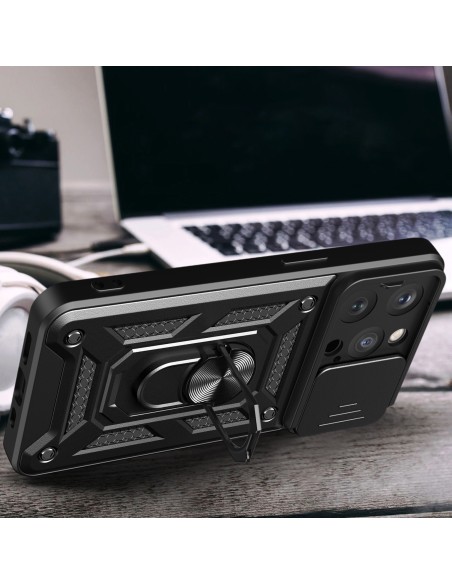 Šarvuotas dėklas su stovu ir kameros dangteliu iPhone 15 Pro Max Hybrid Armor Camshield - mėlynas Šarvuotas dėklas su stovu ir kameros dangteliu iPhone 15 Pro Max Hybrid Armor Camshield - mėlynas