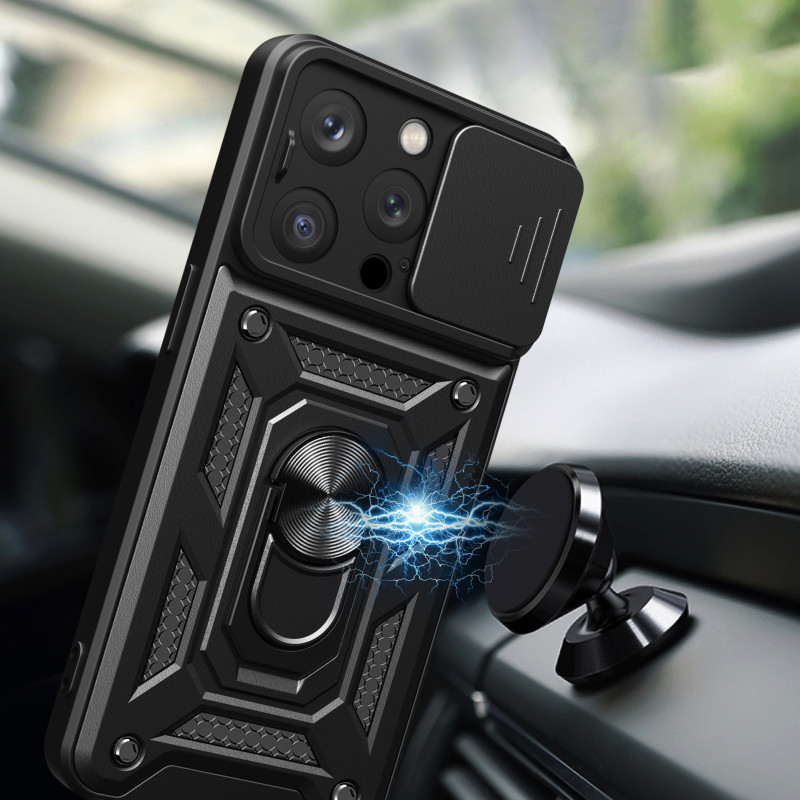 Šarvuotas dėklas su stovu ir fotoaparato apsauga iPhone 15 Pro Max Hybrid Armor Camshield - juodas
