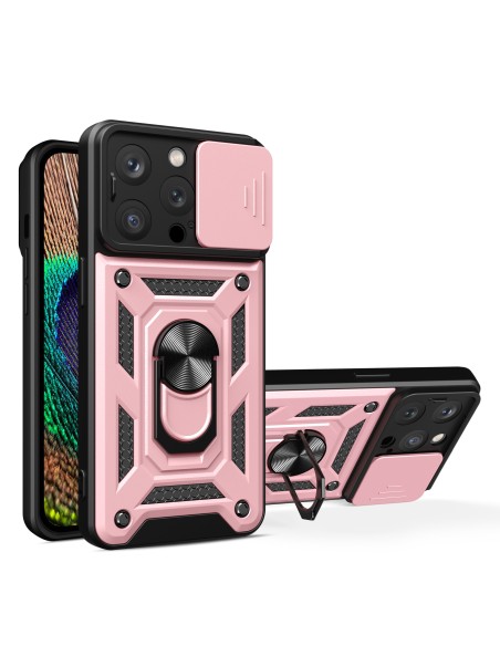 Šarvuotas dėklas su stovu ir fotoaparato dangteliu iPhone 15 Pro Hybrid Armor Camshield - rožinis Šarvuotas dėklas su stovu ir fotoaparato dangteliu iPhone 15 Pro Hybrid Armor Camshield - rožinis