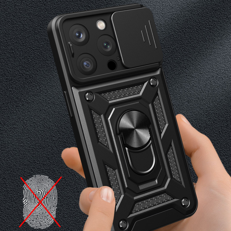 Šarvuotas dėklas su stovu ir fotoaparato dangteliu iPhone 15 Pro Hybrid Armor Camshield - rožinis